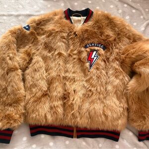 MOTHER Faux Fur Jacket with Tan and Red Accents